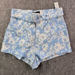 NWOT Zara Women's Floral Print Light Blue/White Belted Shorts